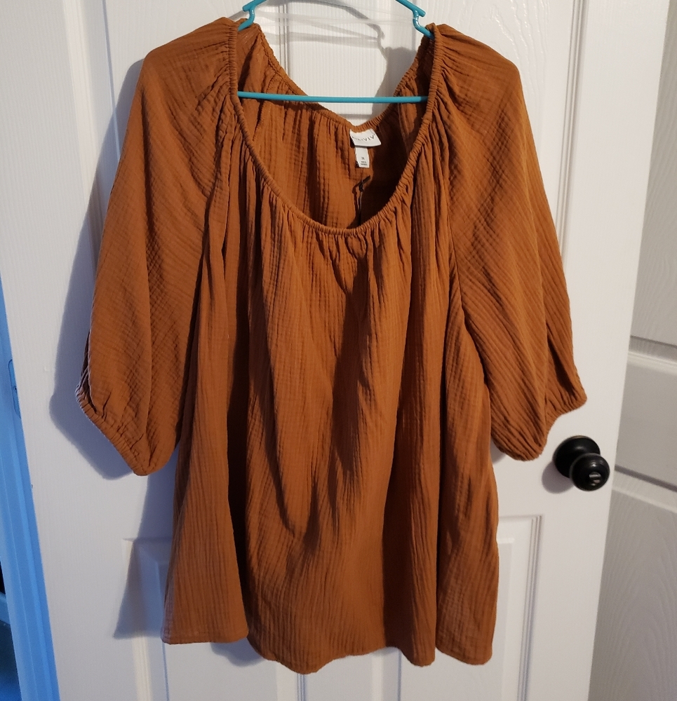 Ava & Viv Brown/Orange Puff Sleeve Peasant Blouse